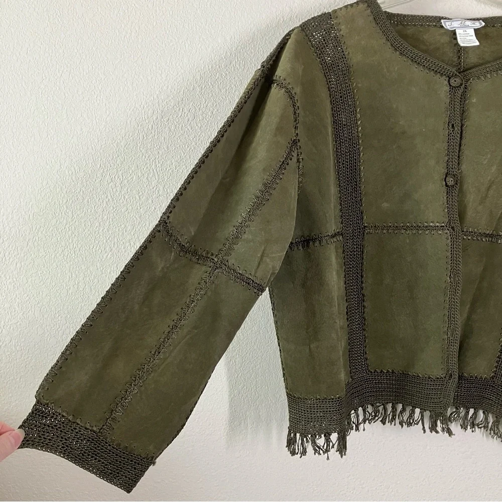VINTAGE Suede Jacket & Skirt Set Crochet Western Cowgirl Boho Olive Green 2X - Picture 3 of 16